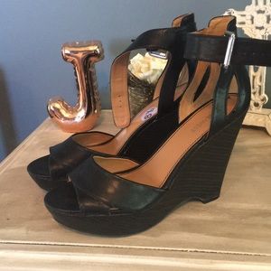 Nine West black ankle strap wedges